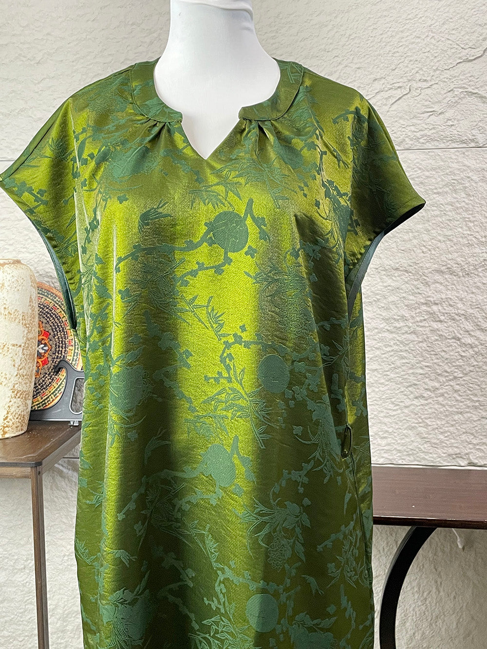 New Chinese-style Olive Green Jacquard Dress for Women, Long Dress, Casual