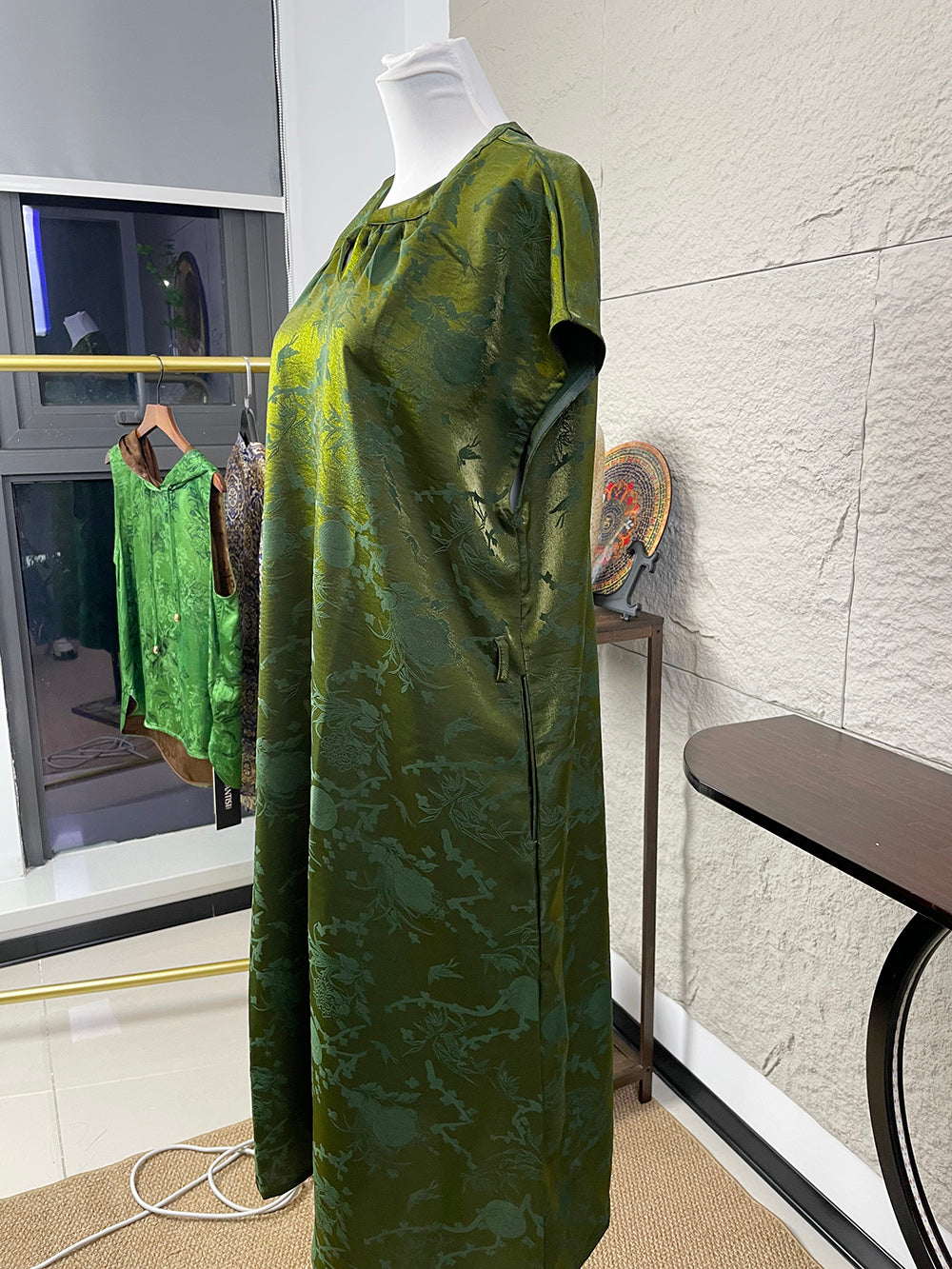 New Chinese-style Olive Green Jacquard Dress for Women, Long Dress, Casual