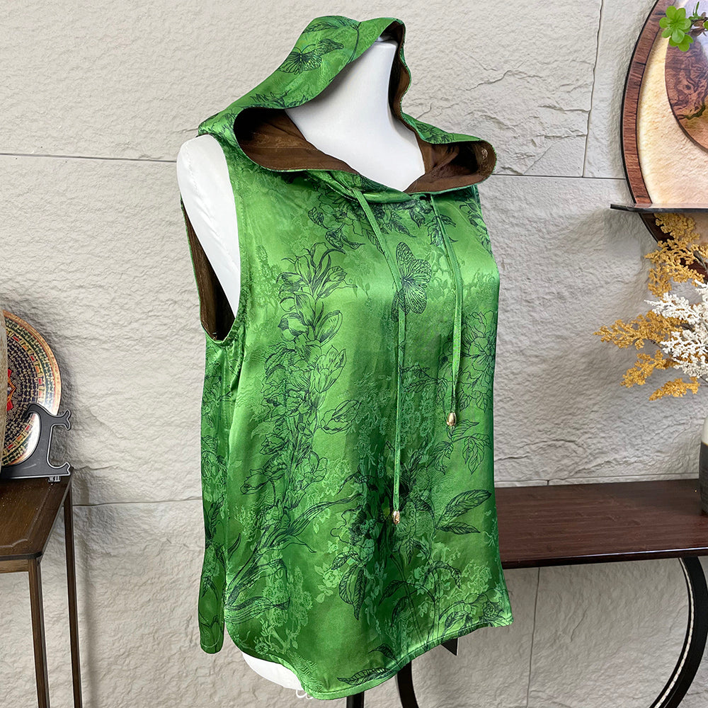 Women's short-sleeve green jacquard top sleeveless with hood