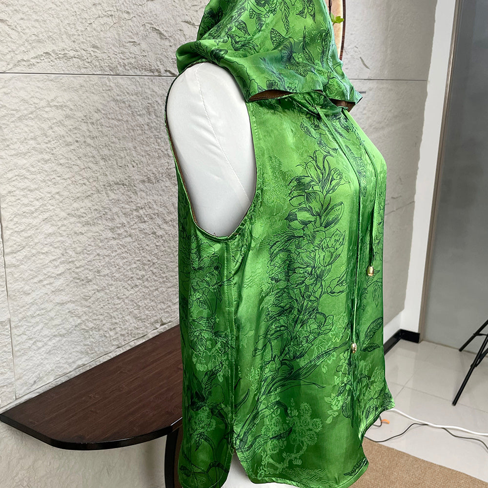 Women's short-sleeve green jacquard top sleeveless with hood
