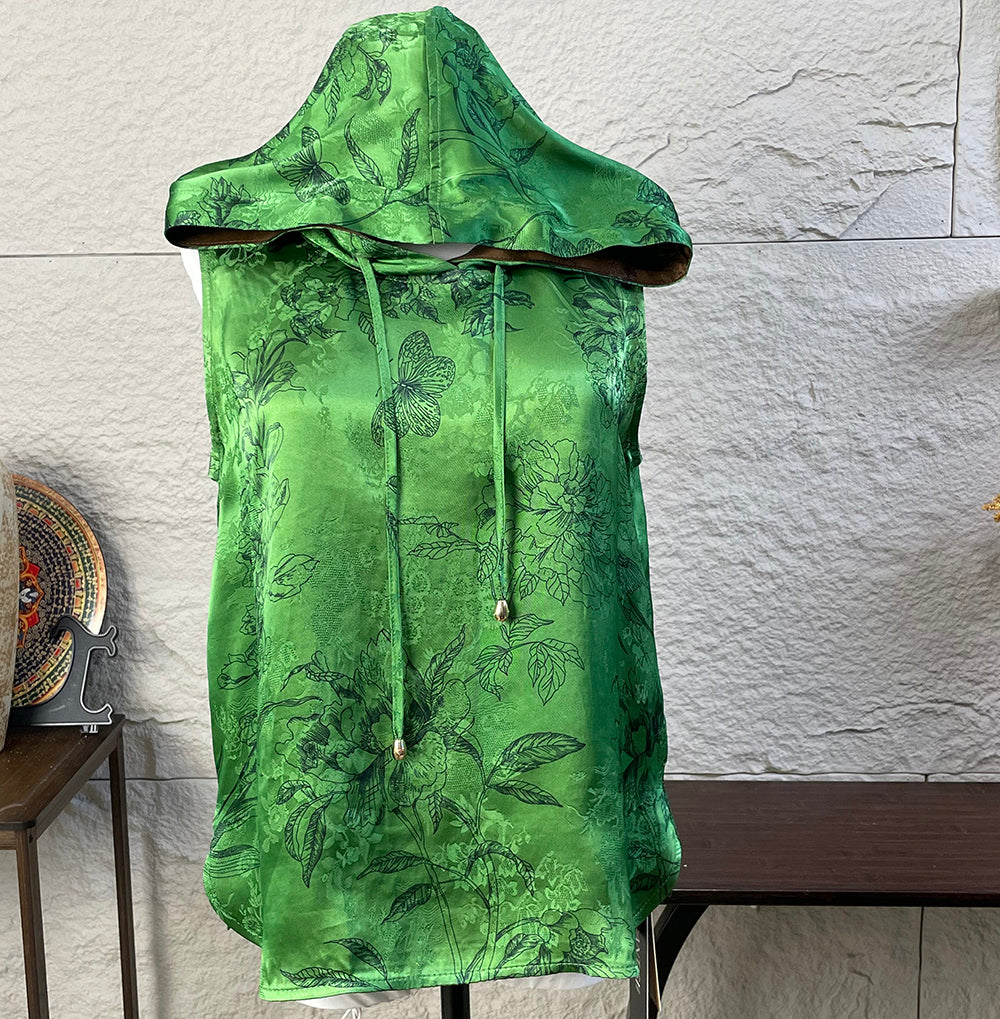 Women's short-sleeve green jacquard top sleeveless with hood