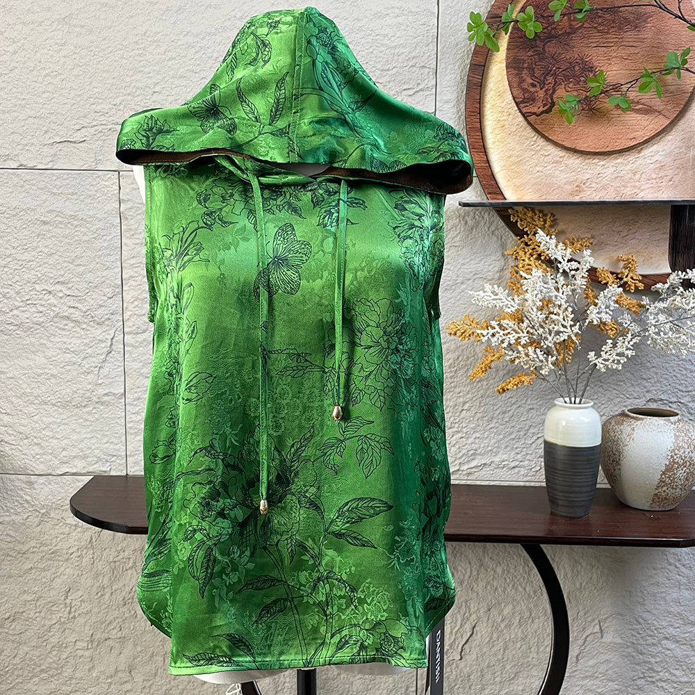 Women's short-sleeve green jacquard top sleeveless with hood