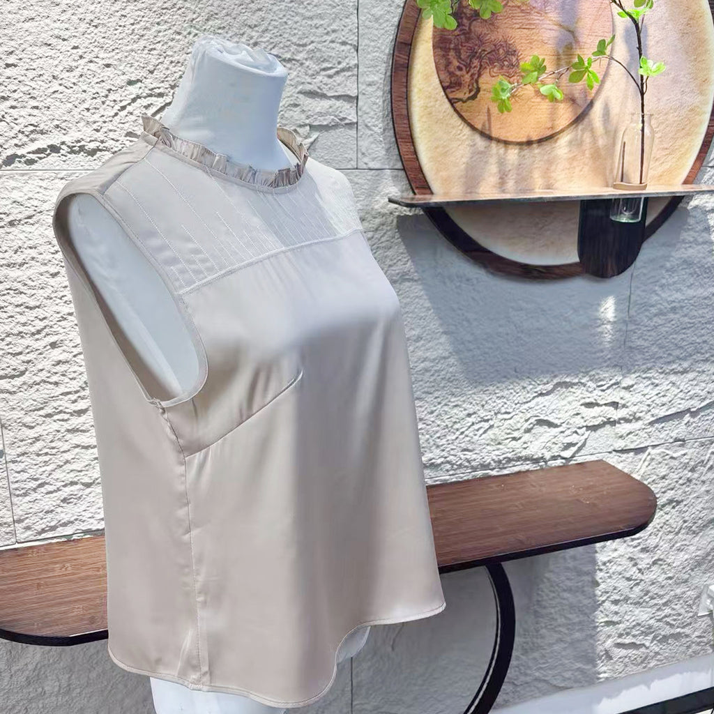 New Chinese-style Beige Ruffle Neck Sleeveless Blouse