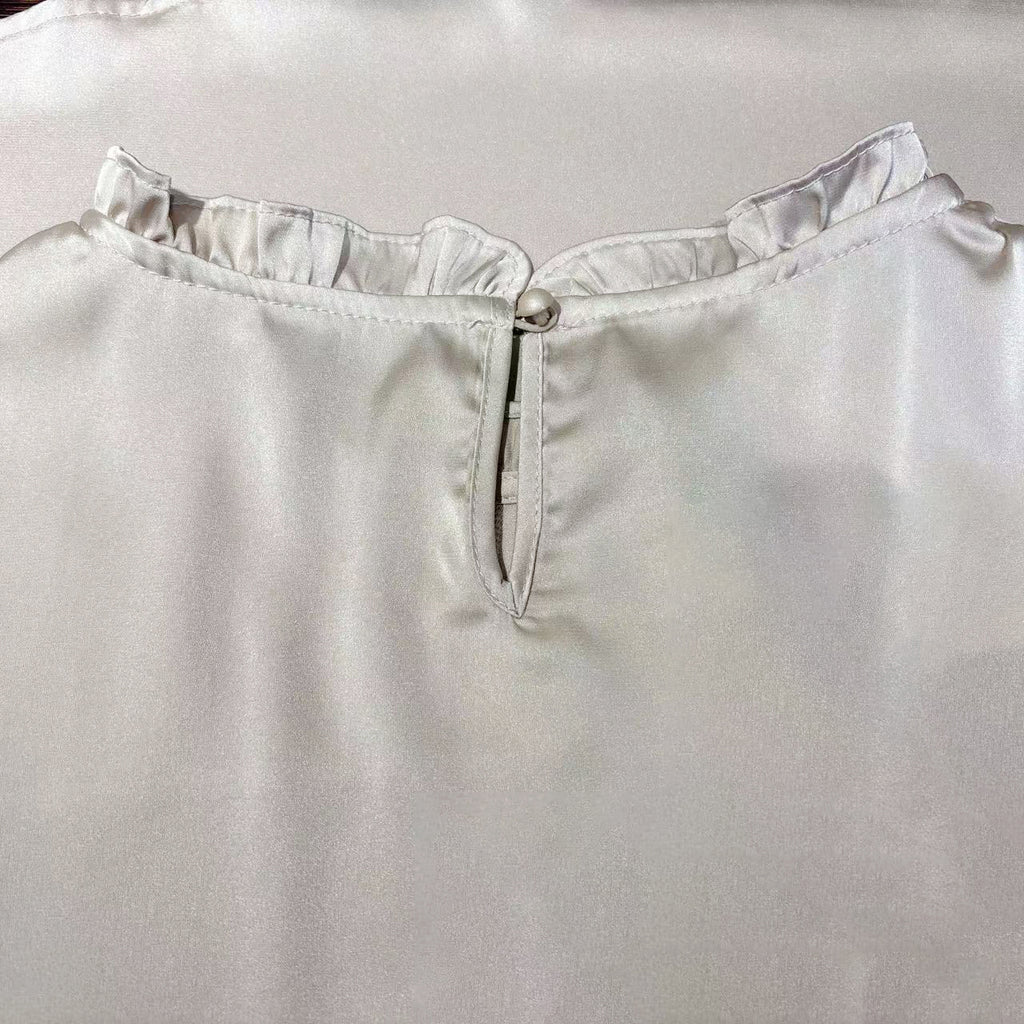 New Chinese-style Beige Ruffle Neck Sleeveless Blouse