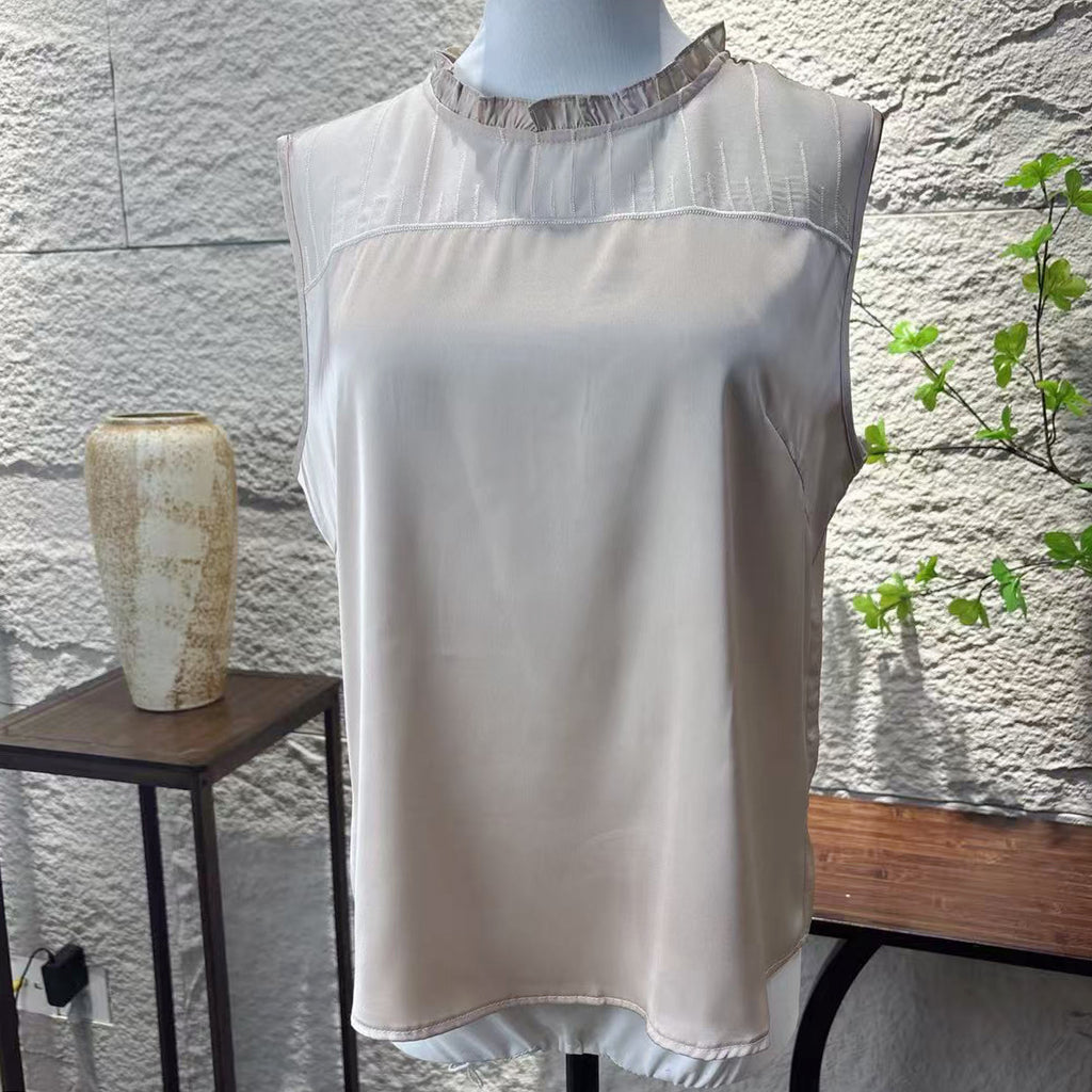 New Chinese-style Beige Ruffle Neck Sleeveless Blouse