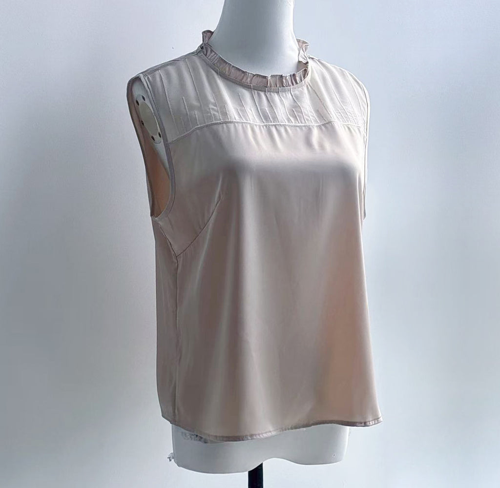 New Chinese-style Beige Ruffle Neck Sleeveless Blouse