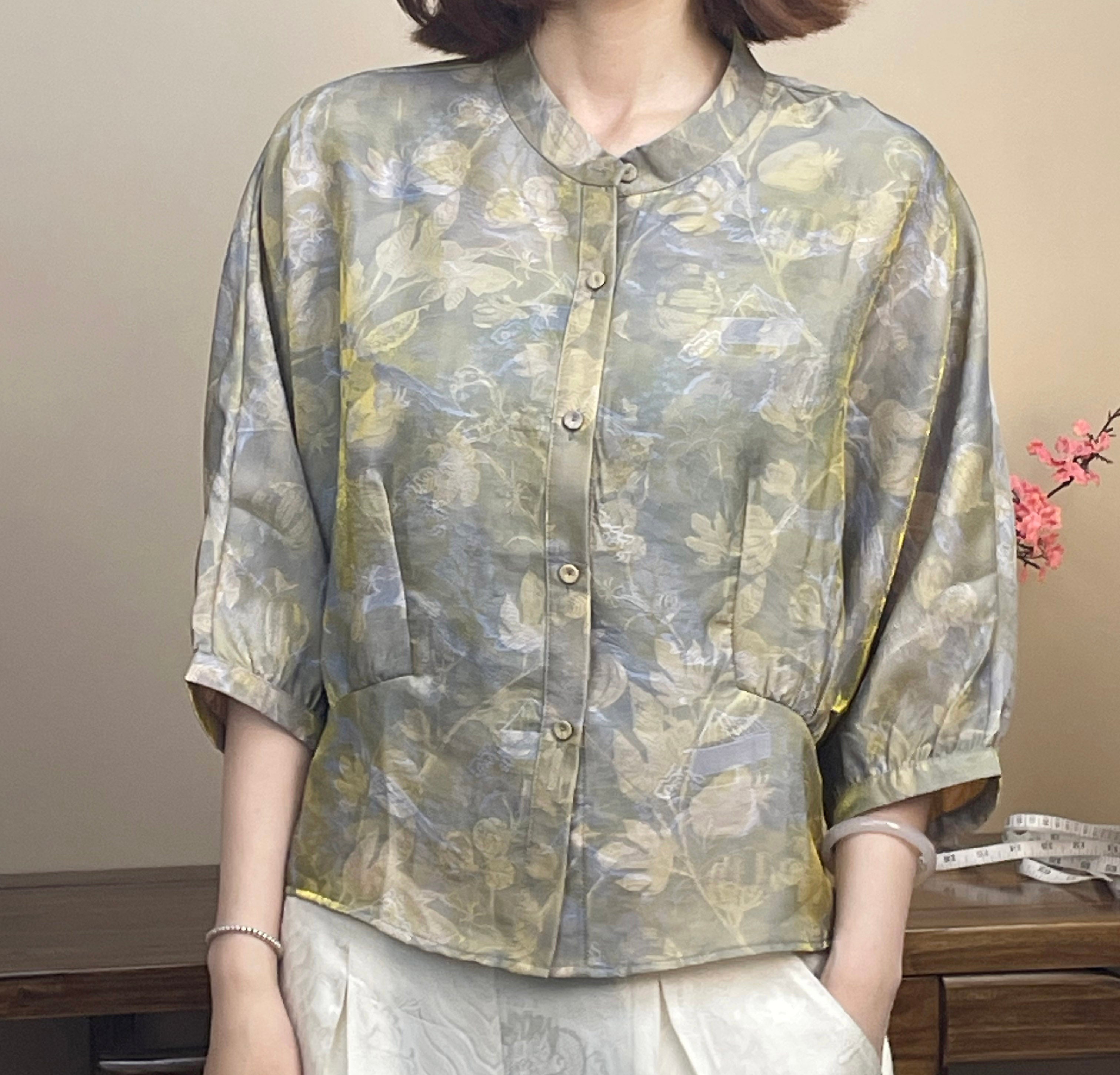 New Chinese-styleWomen's mid-sleeve top, printed cinched-waist shirt, summer shirt