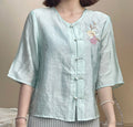 New Chinese-style Light Blue Jacquard Frog Button Embroidered Blouse