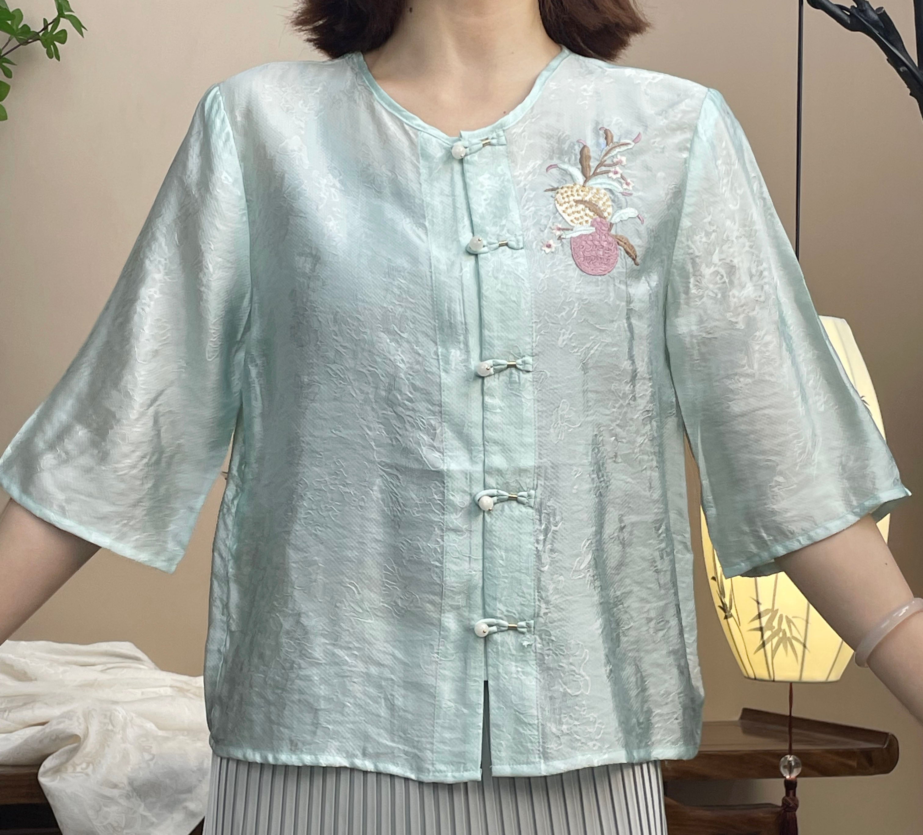 New Chinese-style Light Blue Jacquard Frog Button Embroidered Blouse