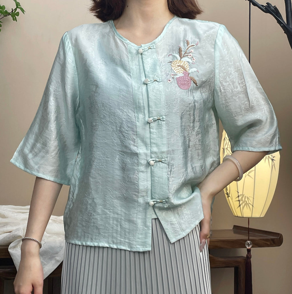 New Chinese-style Light Blue Jacquard Frog Button Embroidered Blouse