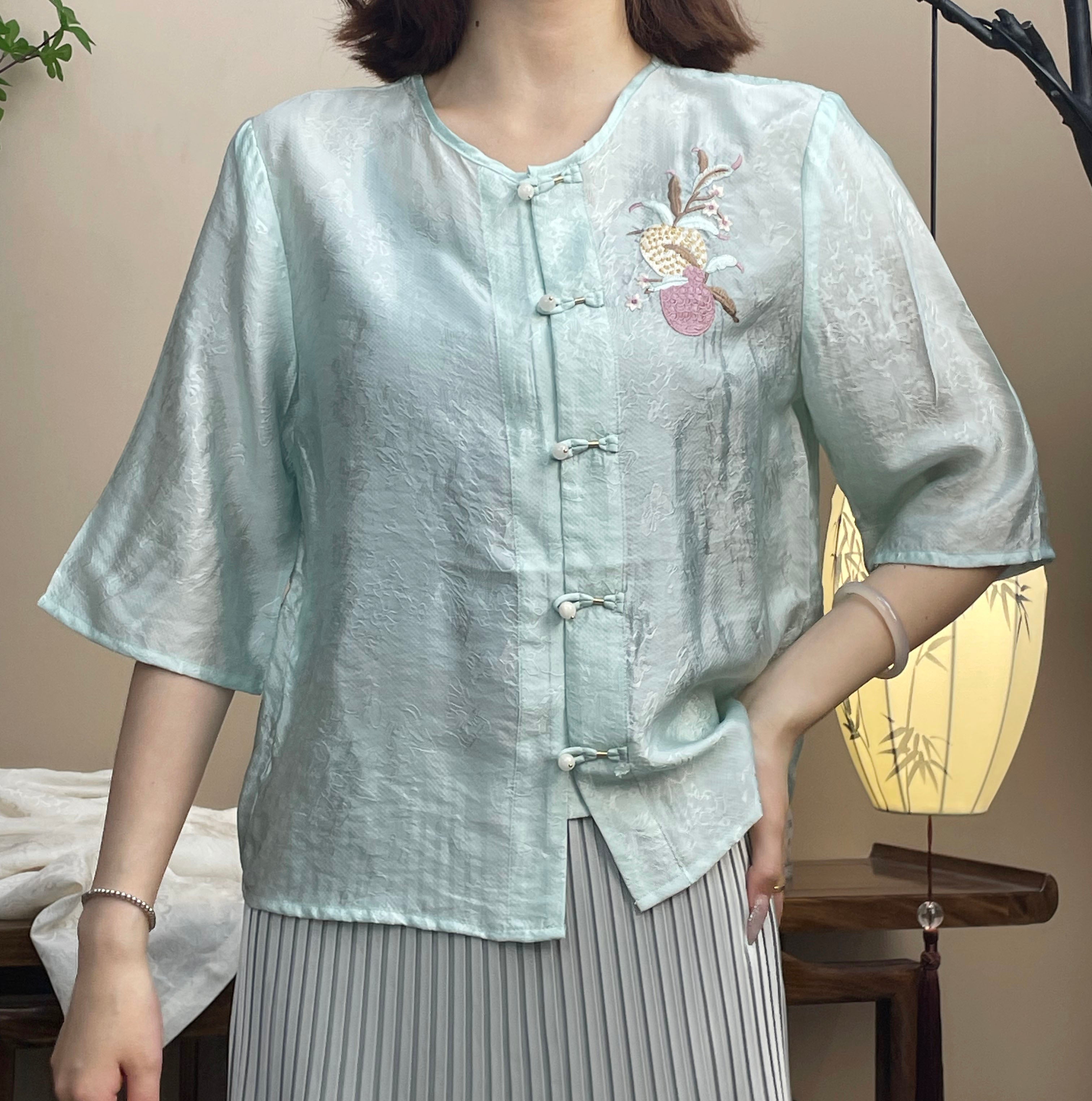 New Chinese-style Light Blue Jacquard Frog Button Embroidered Blouse