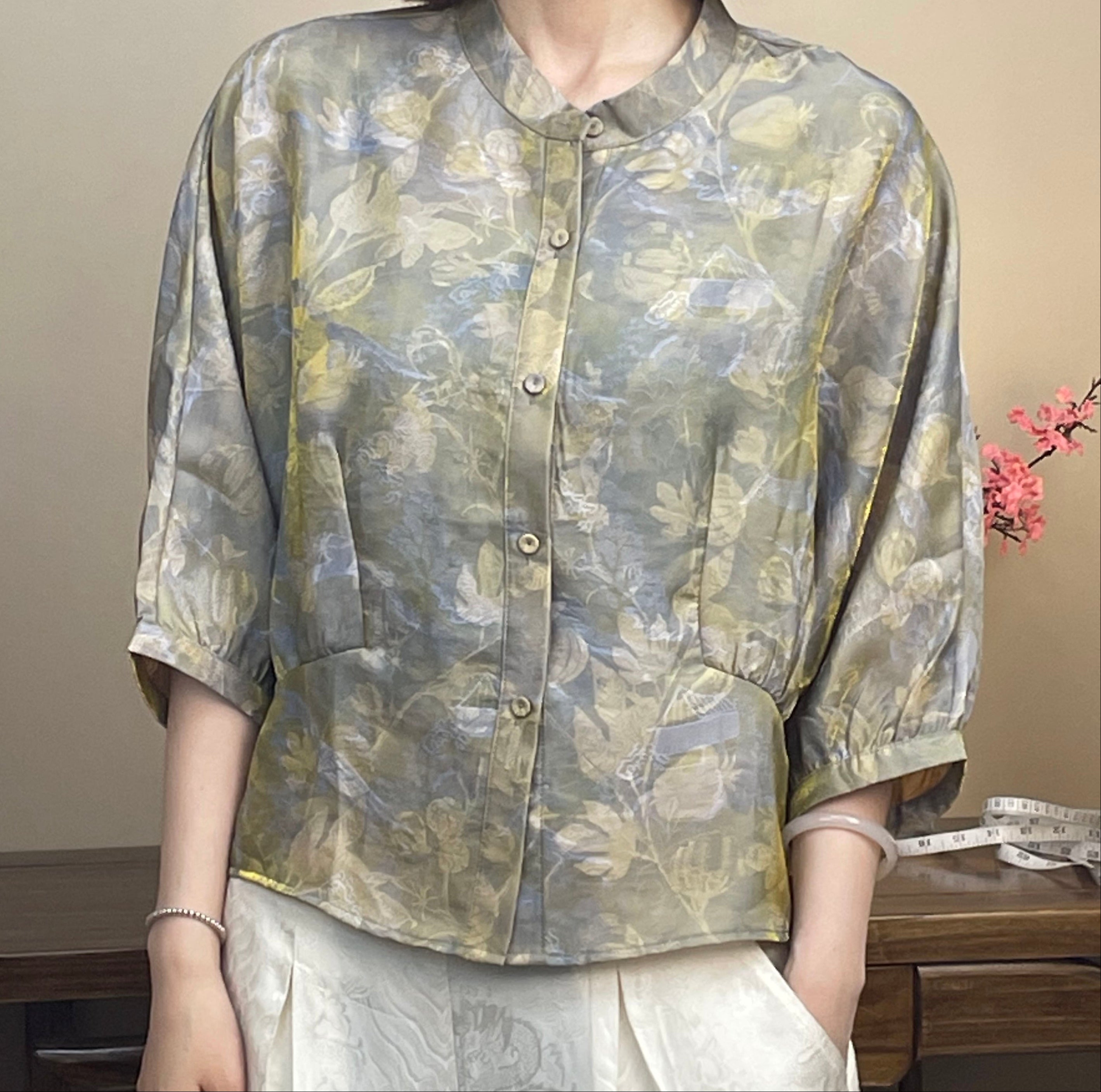 New Chinese-styleWomen's mid-sleeve top, printed cinched-waist shirt, summer shirt