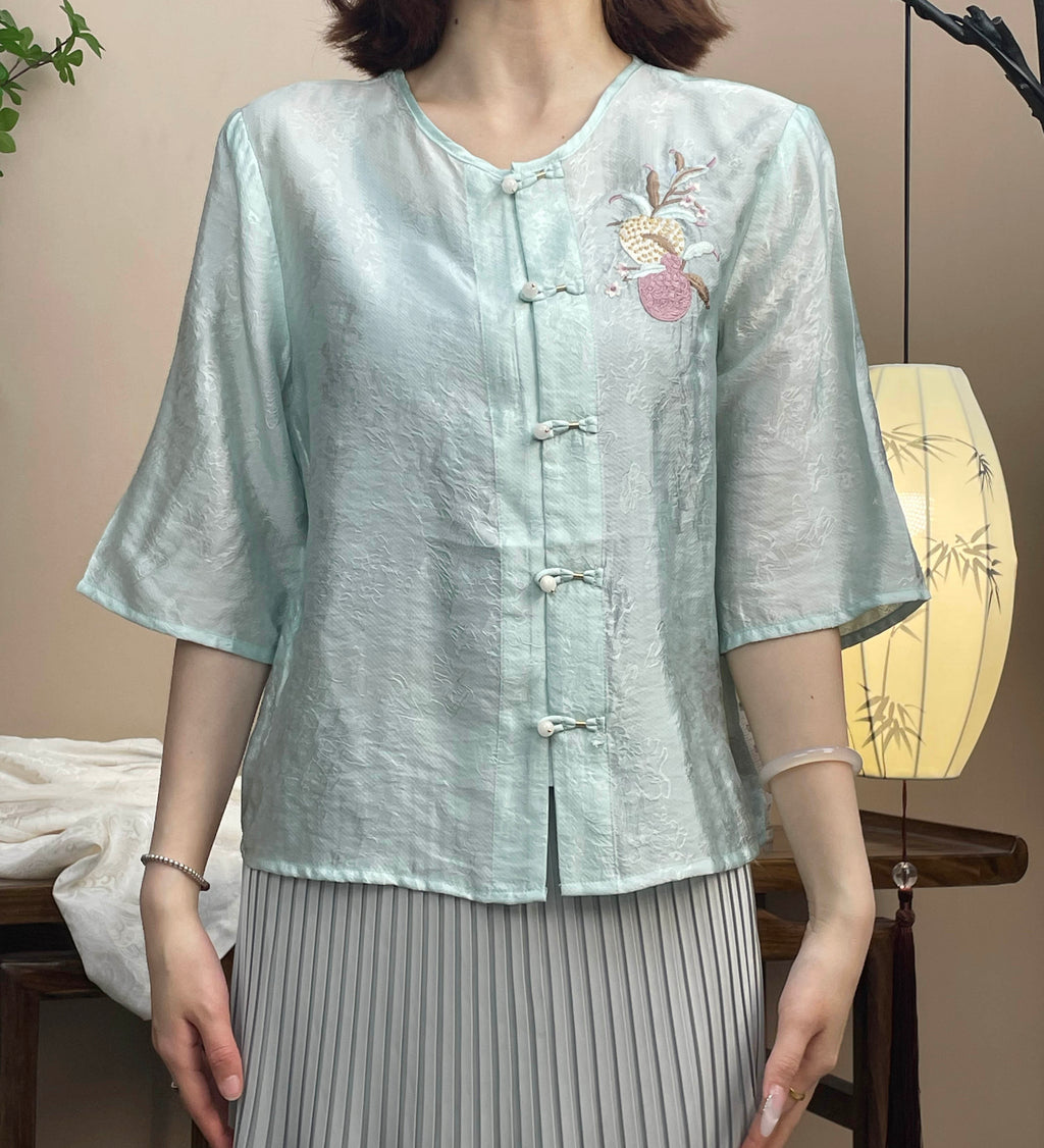 New Chinese-style Light Blue Jacquard Frog Button Embroidered Blouse