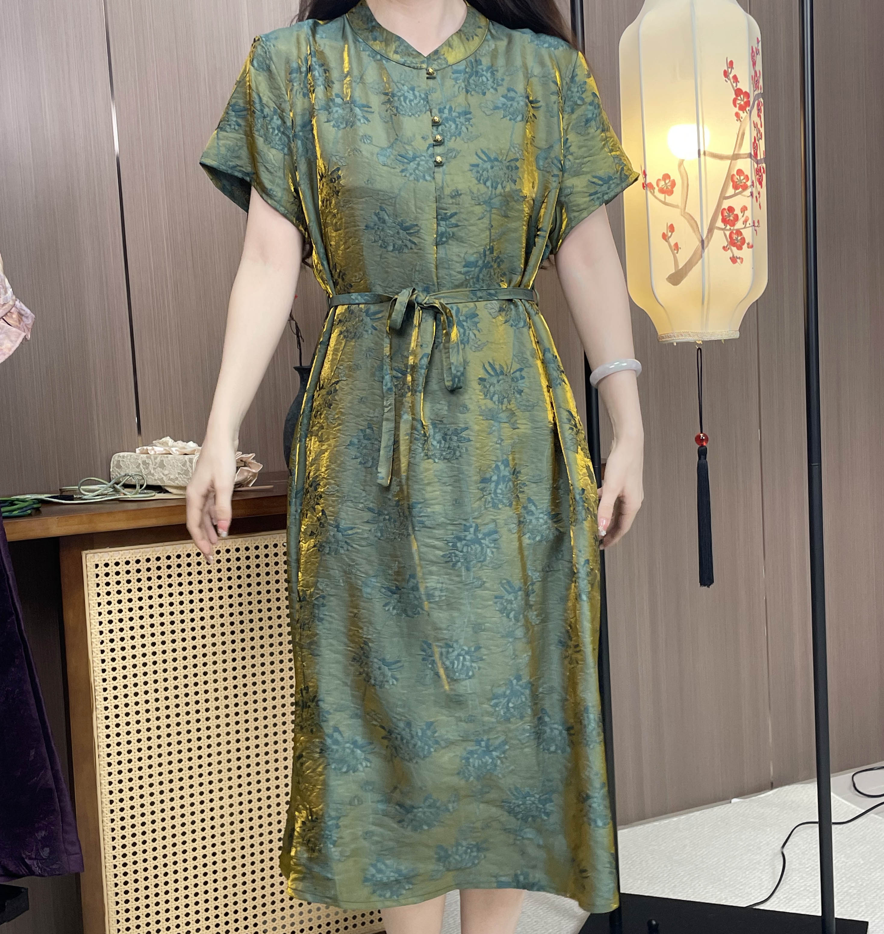New Chinese Style Dark Green Jacquard Improved Qipao Dress