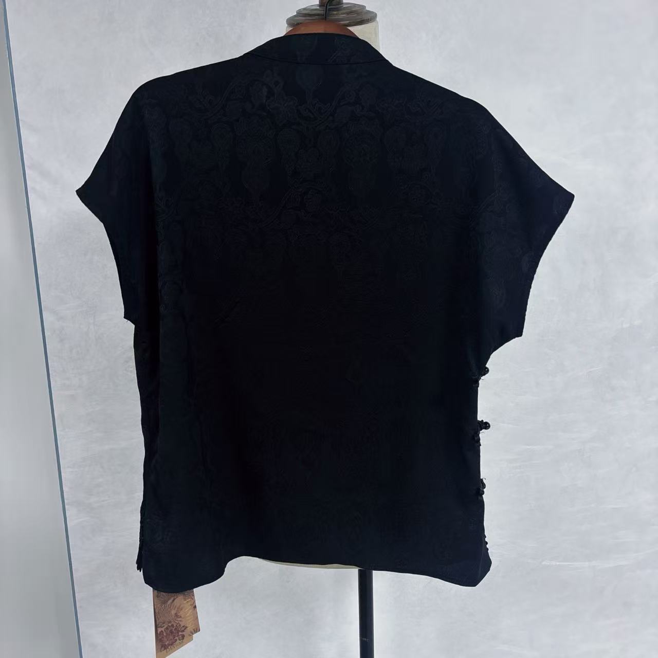 New Chinese-style Black Jacquard Blouse Frog Button Diagonal Placket Top