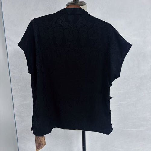 New Chinese-style Black Jacquard Blouse Frog Button Diagonal Placket Top