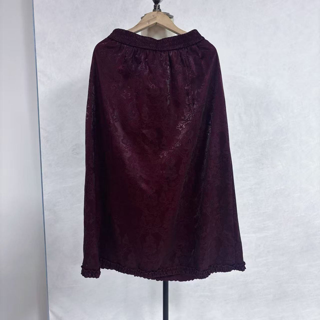 New Chinese-style Jacquard Skirt Ruffle Hem Elastic Waist Midi Skirt