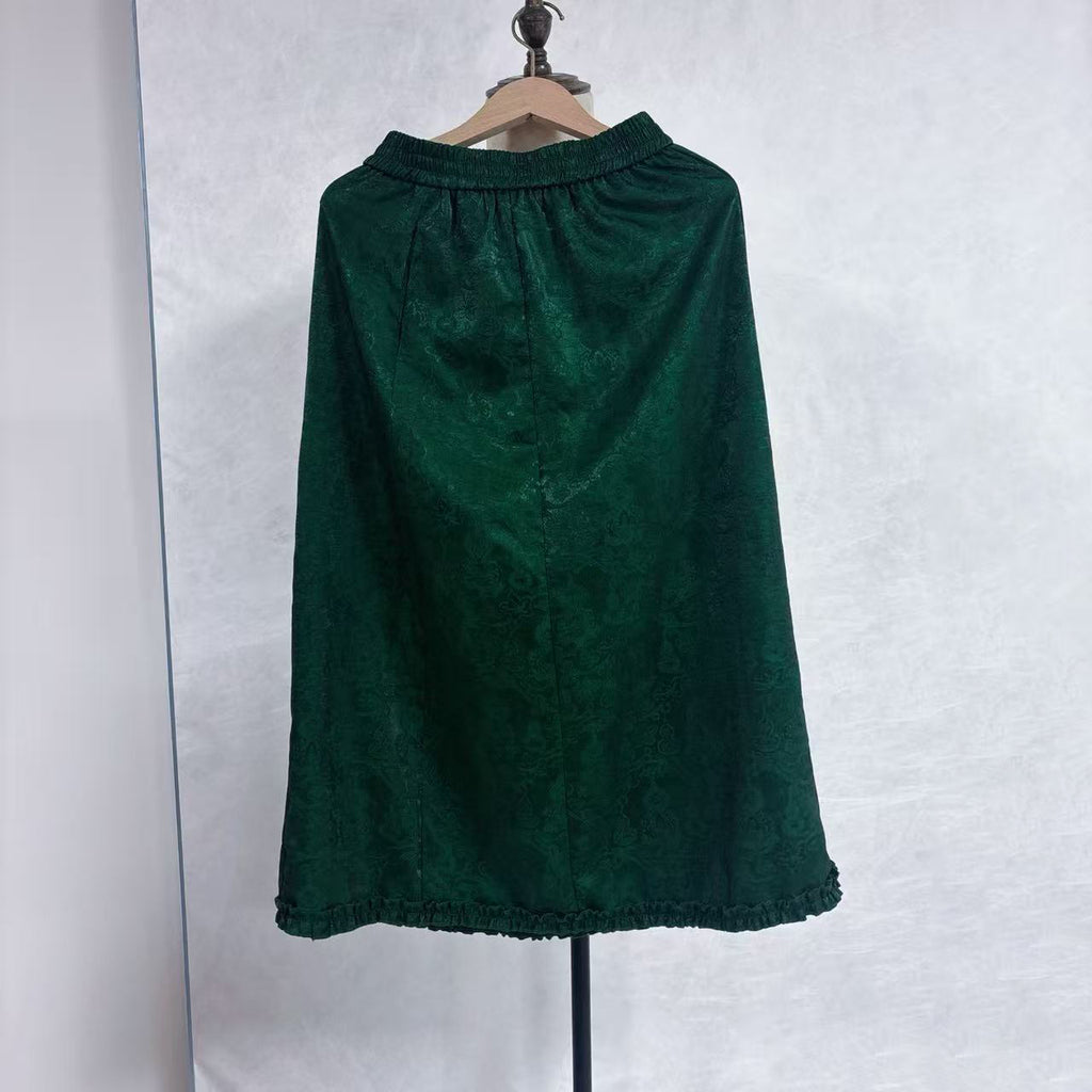 New Chinese-style Jacquard Skirt Ruffle Hem Elastic Waist Midi Skirt
