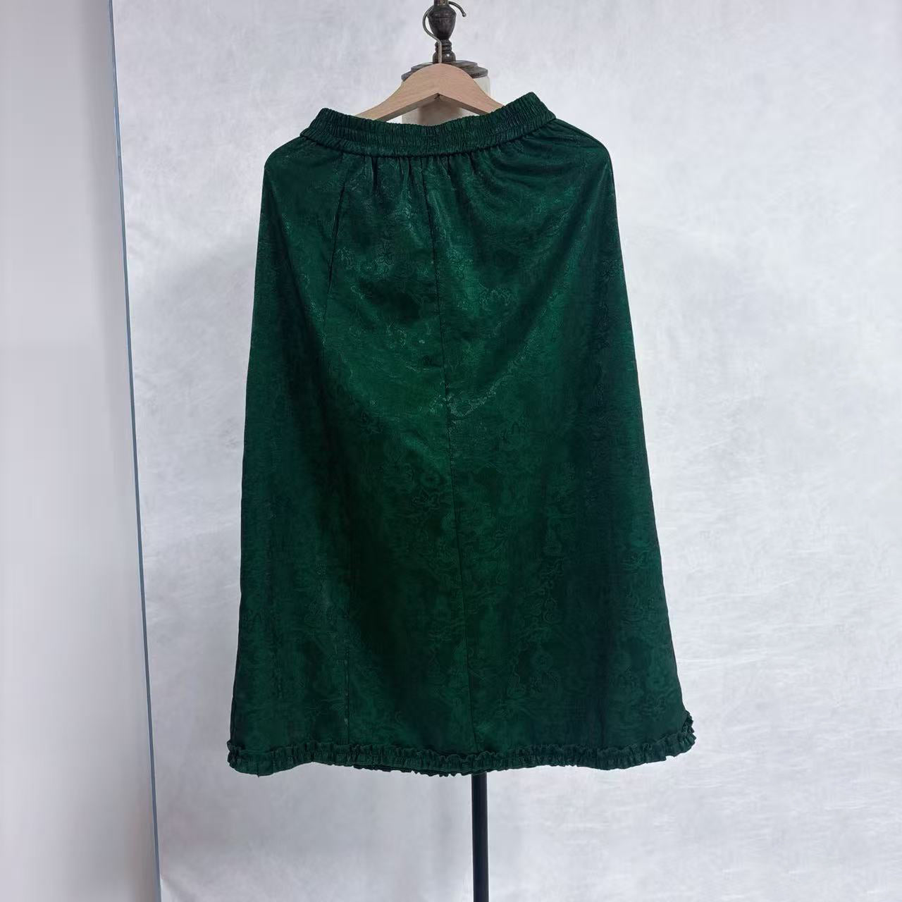 New Chinese-style Jacquard Skirt Ruffle Hem Elastic Waist Midi Skirt