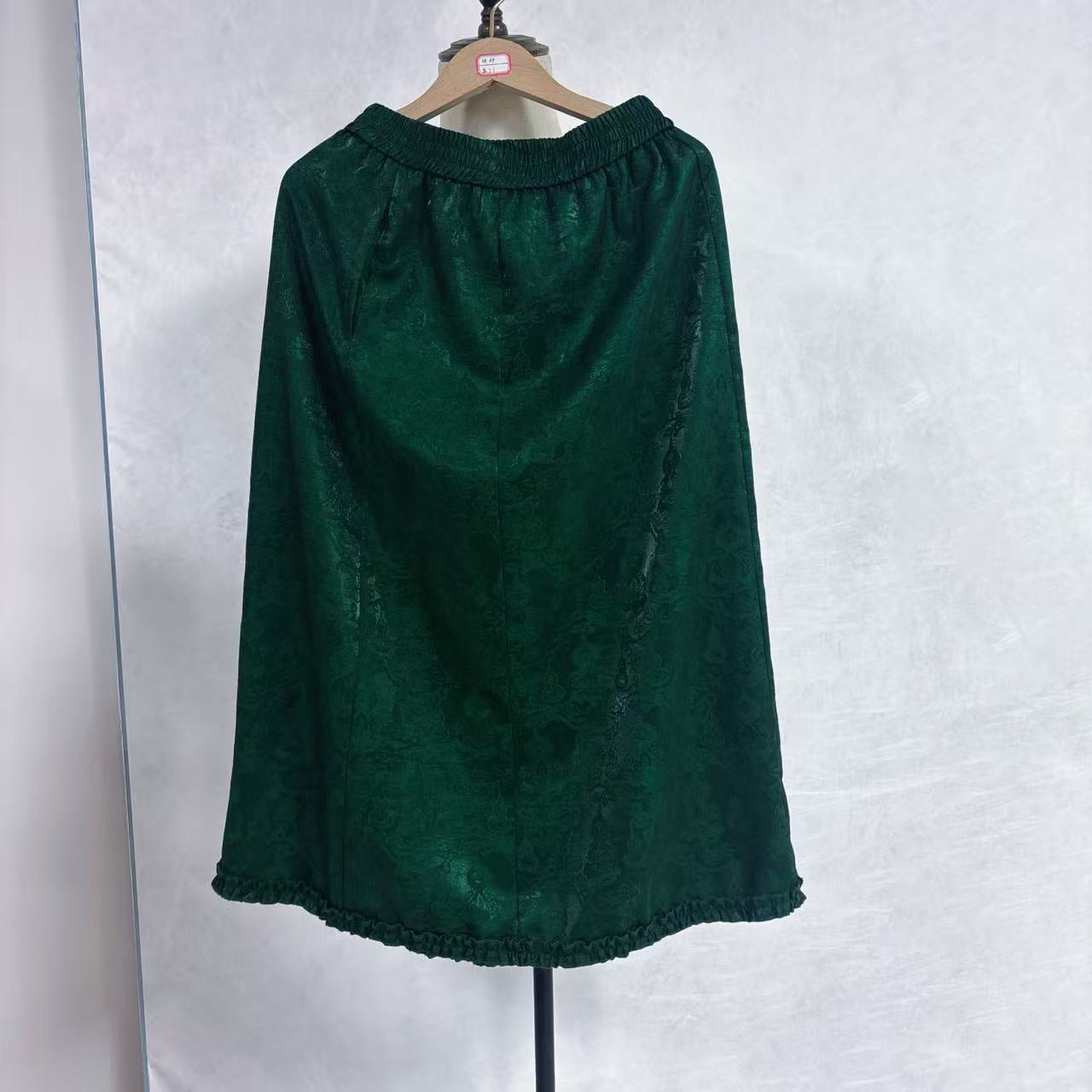 New Chinese-style Jacquard Skirt Ruffle Hem Elastic Waist Midi Skirt