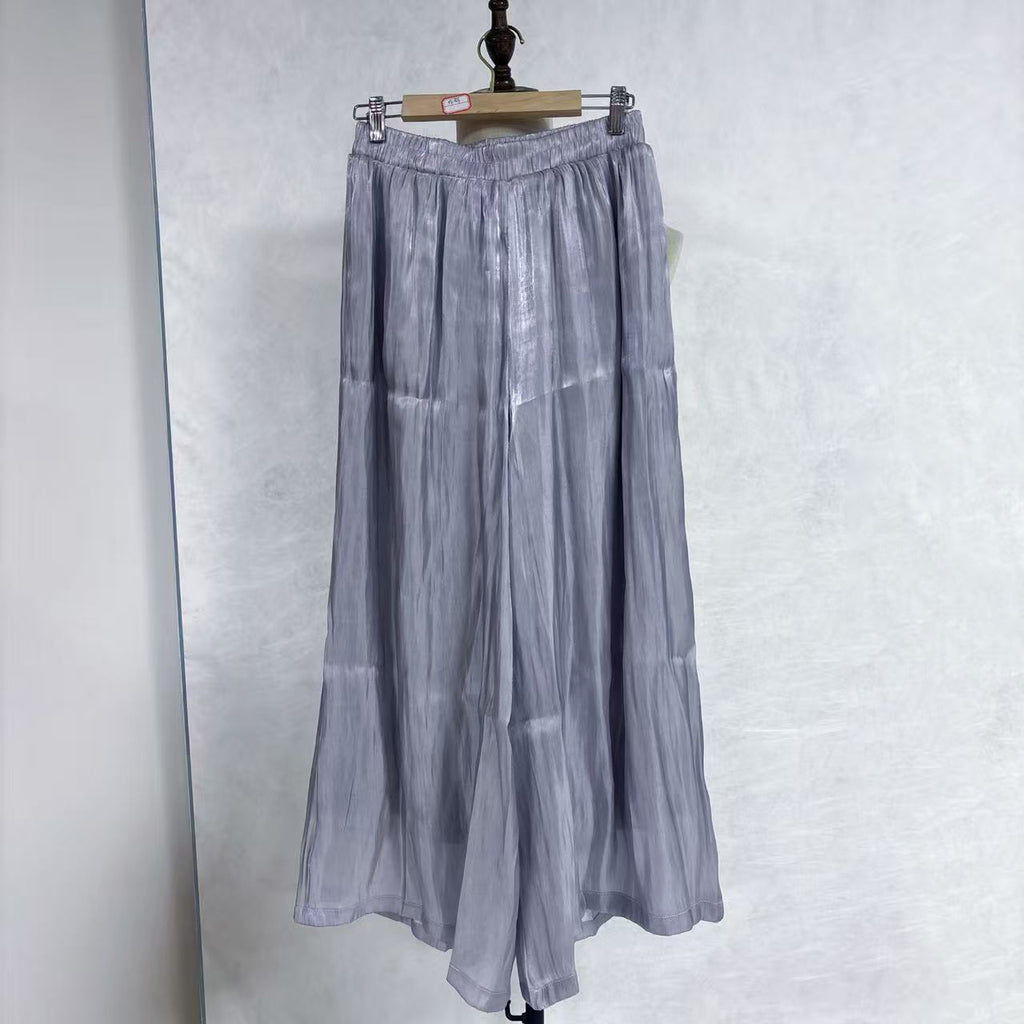 New Chinese-style Grey Crinkled Wide Leg Pants Elastic Waist Flowy Trousers