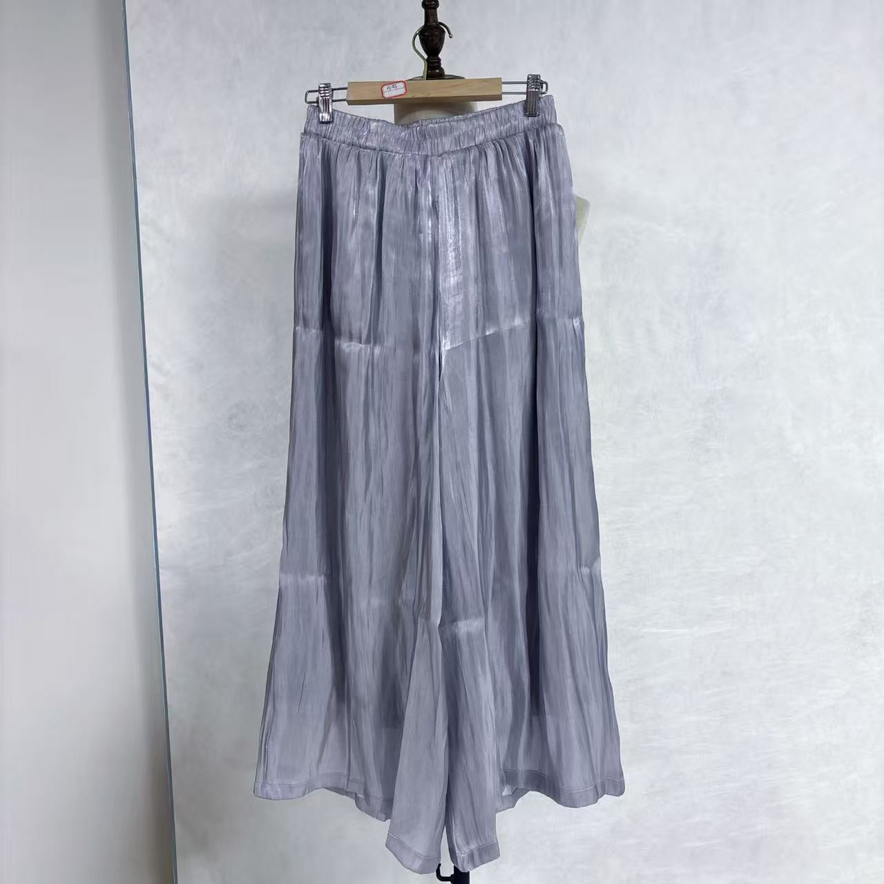 New Chinese-style Grey Crinkled Wide Leg Pants Elastic Waist Flowy Trousers