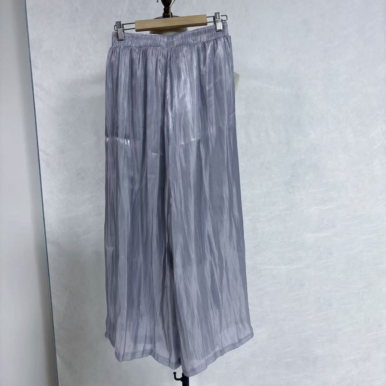 New Chinese-style Grey Crinkled Wide Leg Pants Elastic Waist Flowy Trousers