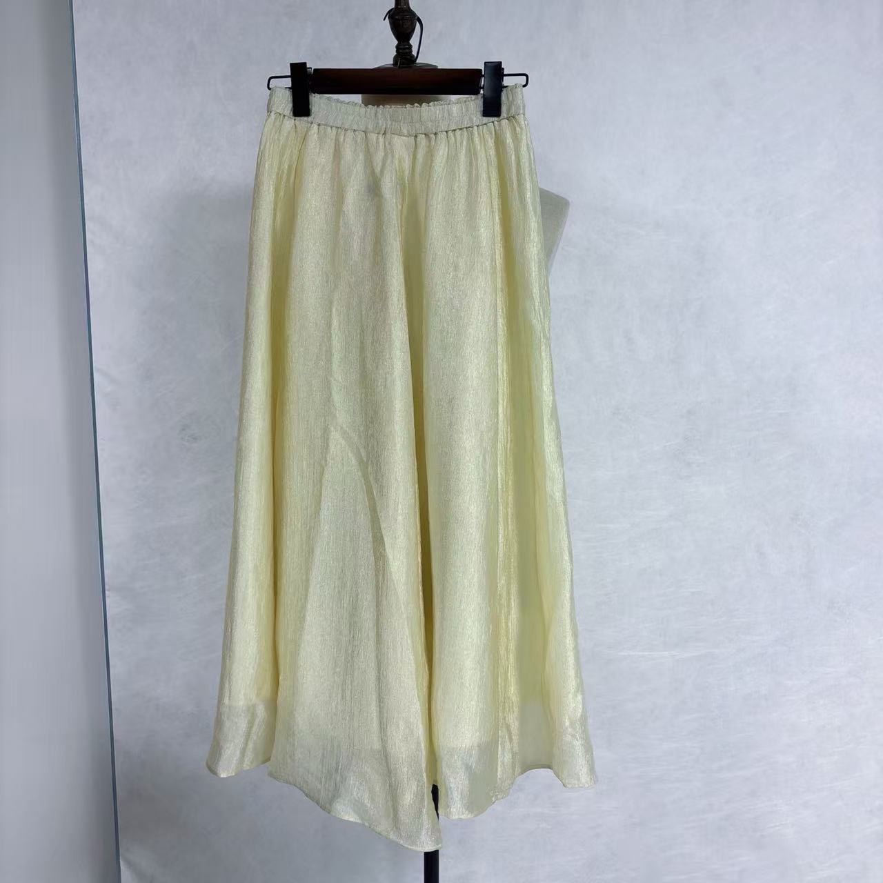 New Chinese-Style Cream Satin Midi Skirt, Elastic Waist Flowy A-Line Skirt