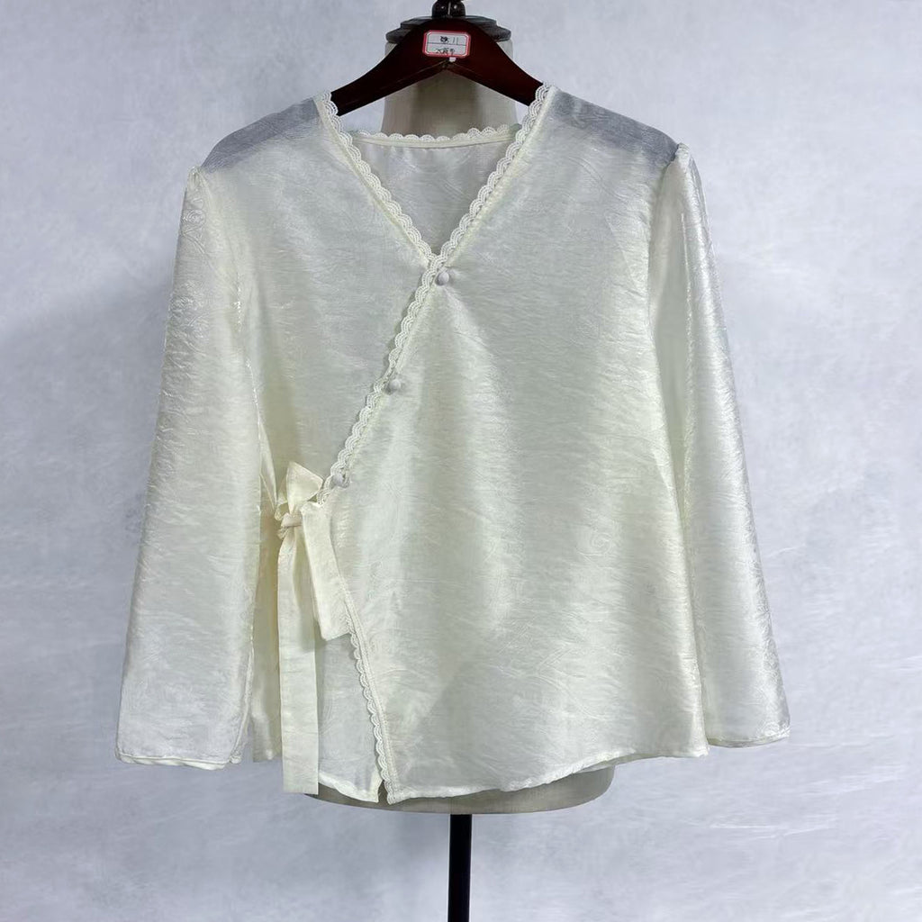 New Chinese-style Cream Lace Trim Blouse Wrap V-Neck 3/4 Sleeve Top