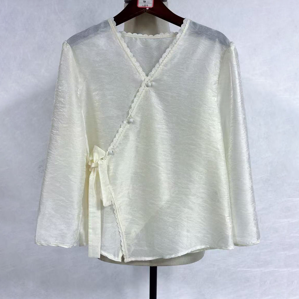 New Chinese-style Cream Lace Trim Blouse Wrap V-Neck 3/4 Sleeve Top