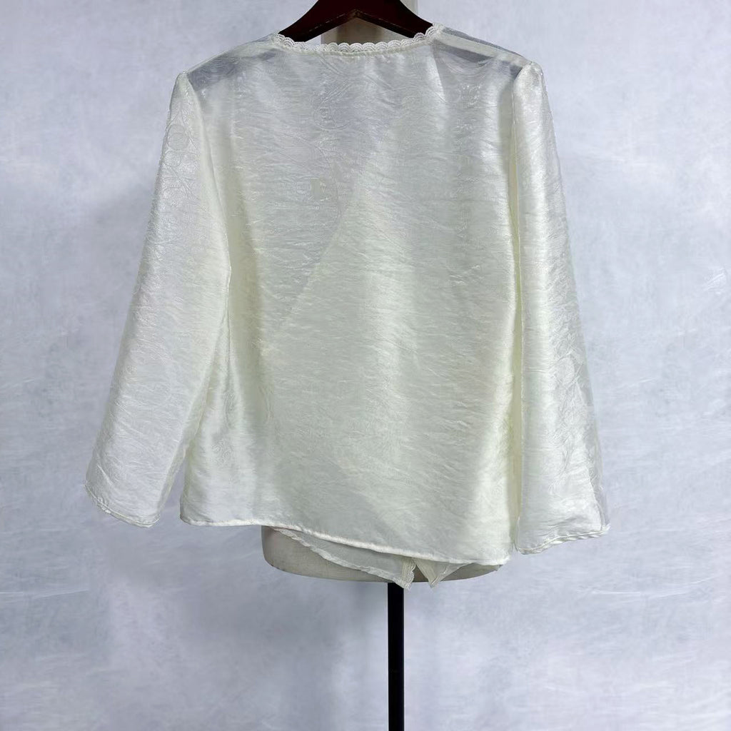 New Chinese-style Cream Lace Trim Blouse Wrap V-Neck 3/4 Sleeve Top