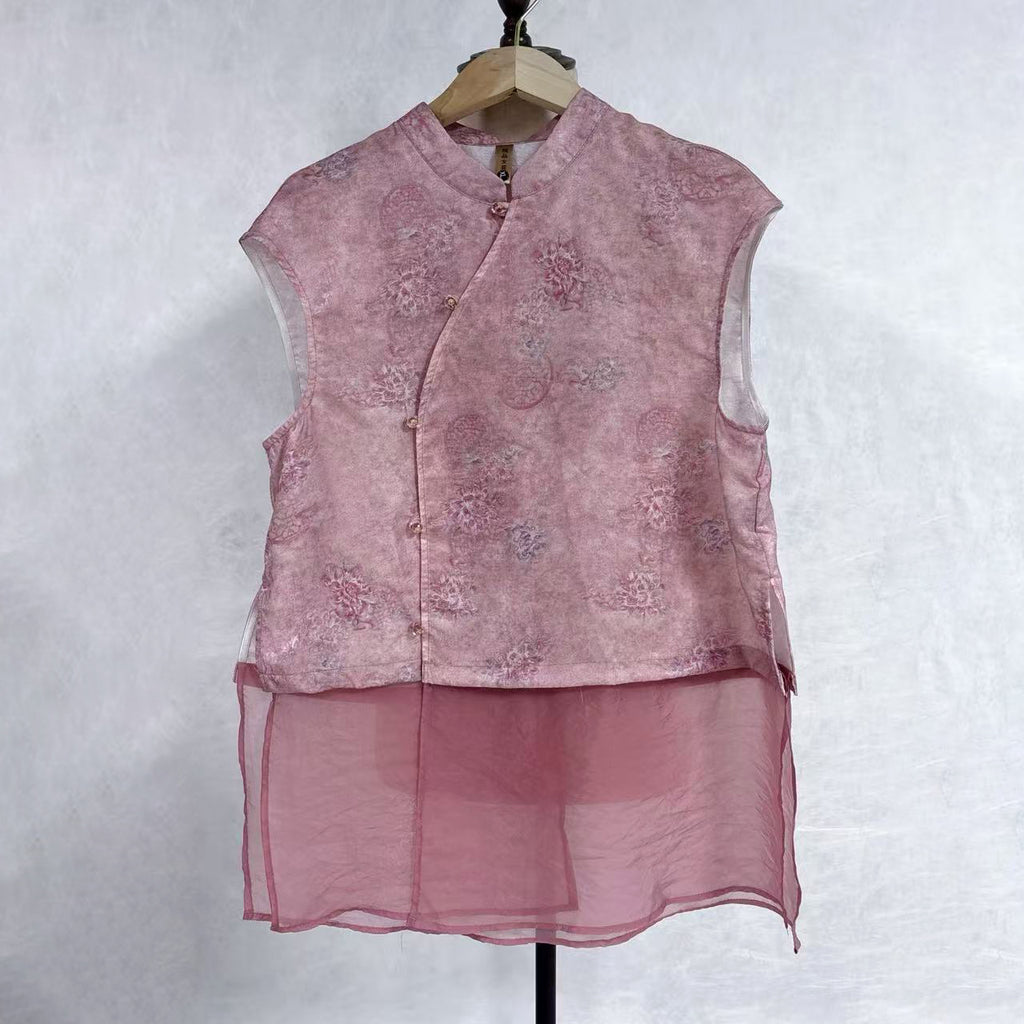 New Chinese-style Pink Floral Jacquard Vest Traditional Stand Collar Top