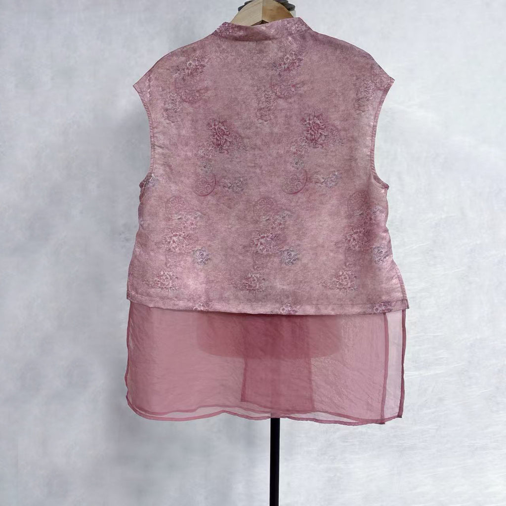 New Chinese-style Pink Floral Jacquard Vest Traditional Stand Collar Top