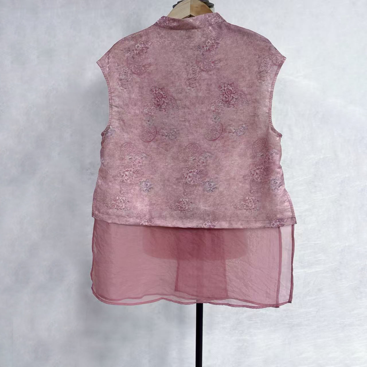 New Chinese-style Pink Floral Jacquard Vest Traditional Stand Collar Top