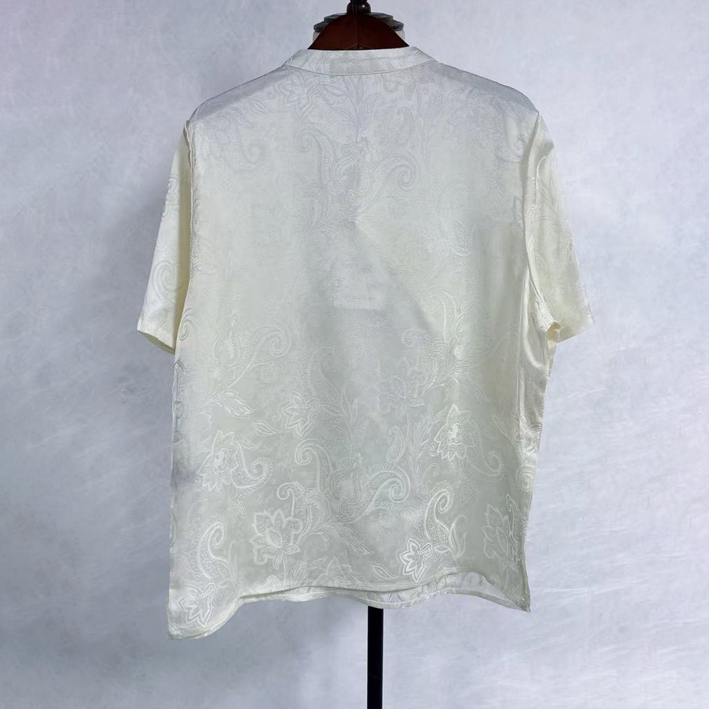 New Chinese-style White Jacquard Blouse Frog Button Stand Collar Top