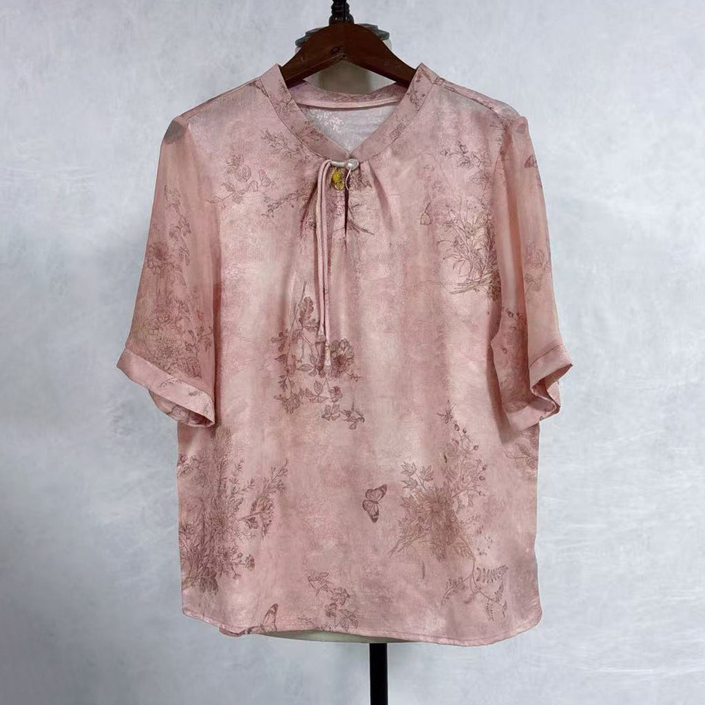 New Chinese-style Pink Floral Print Blouse V-Neck Tie Short Sleeve Top