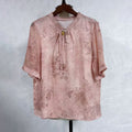 New Chinese-style Pink Floral Print Blouse V-Neck Tie Short Sleeve Top