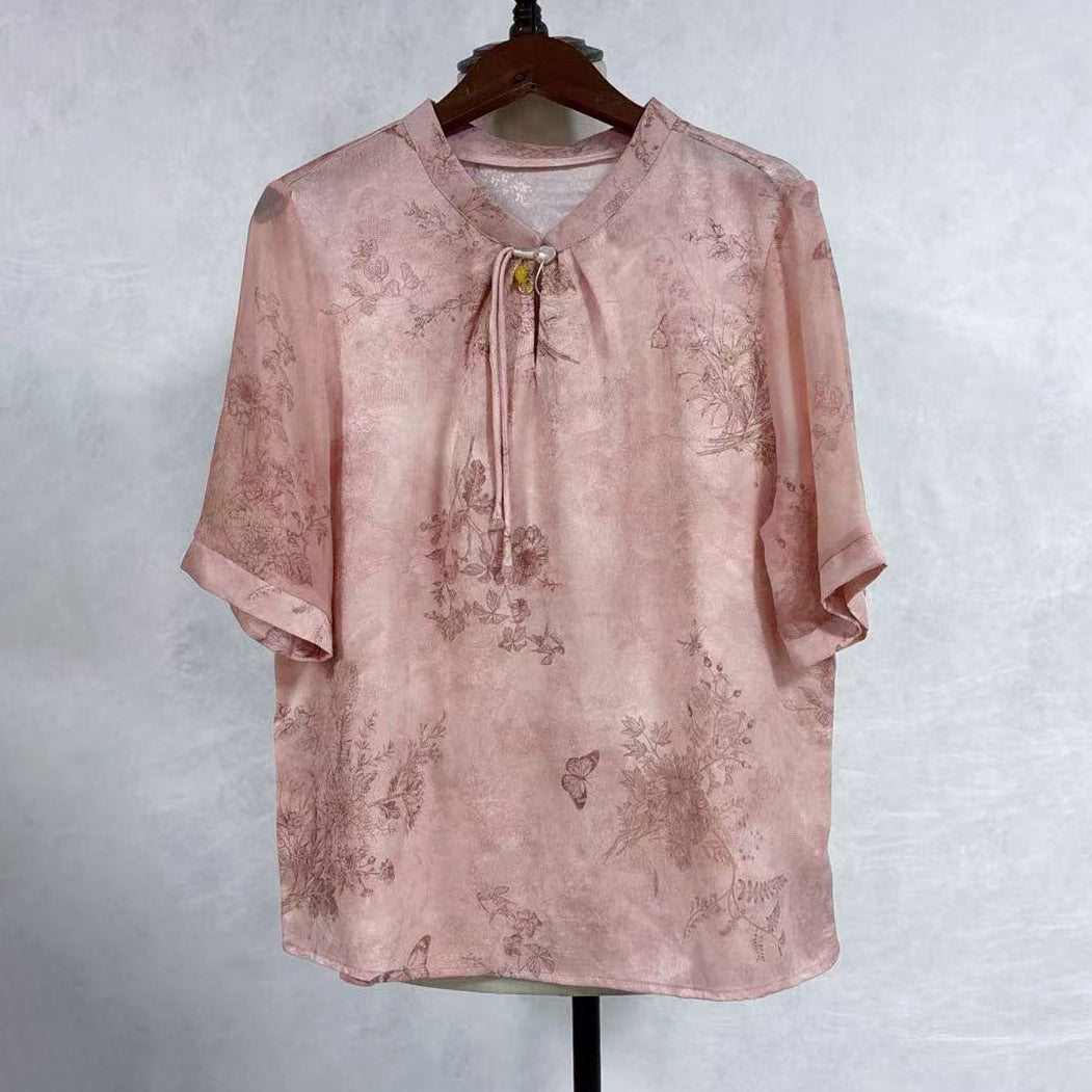New Chinese-style Pink Floral Print Blouse V-Neck Tie Short Sleeve Top