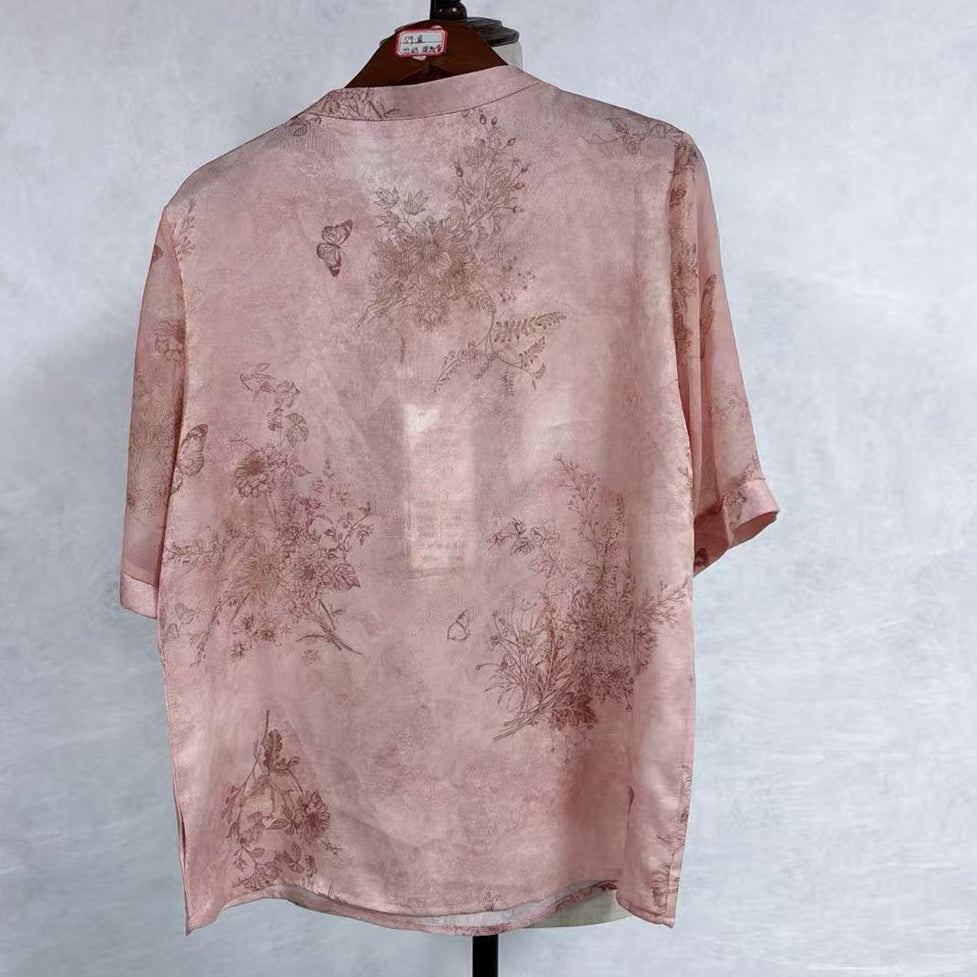 New Chinese-style Pink Floral Print Blouse V-Neck Tie Short Sleeve Top