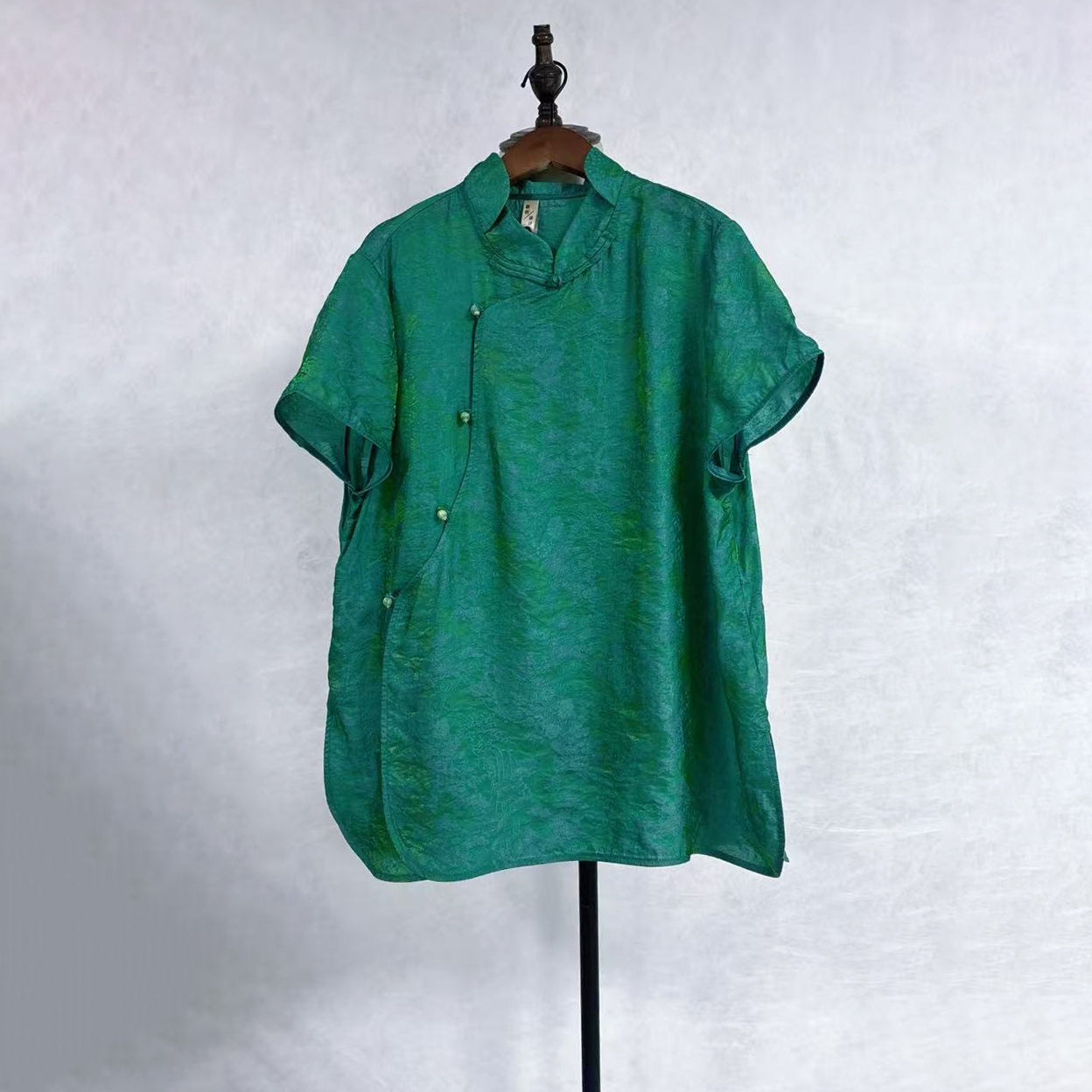 New Chinese-style Green Jacquard Blouse Frog Button Stand Collar Top