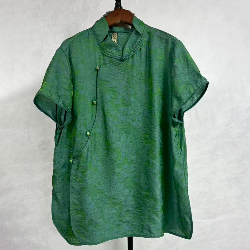 New Chinese-style Green Jacquard Blouse Frog Button Stand Collar Top