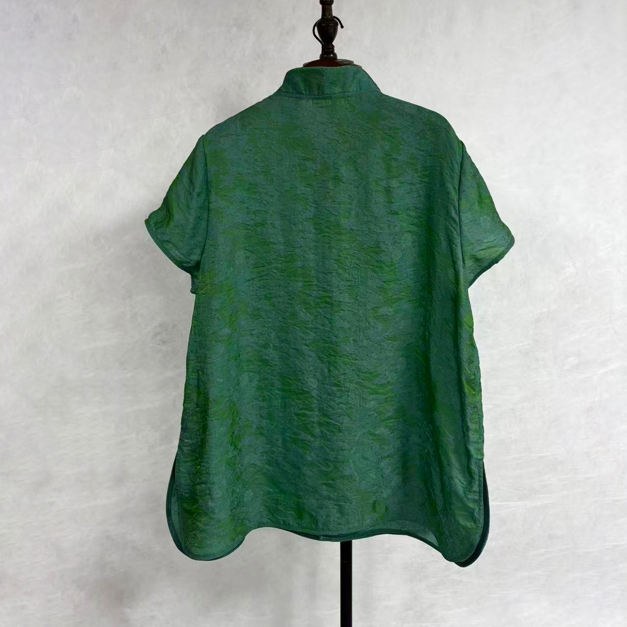 New Chinese-style Green Jacquard Blouse Frog Button Stand Collar Top