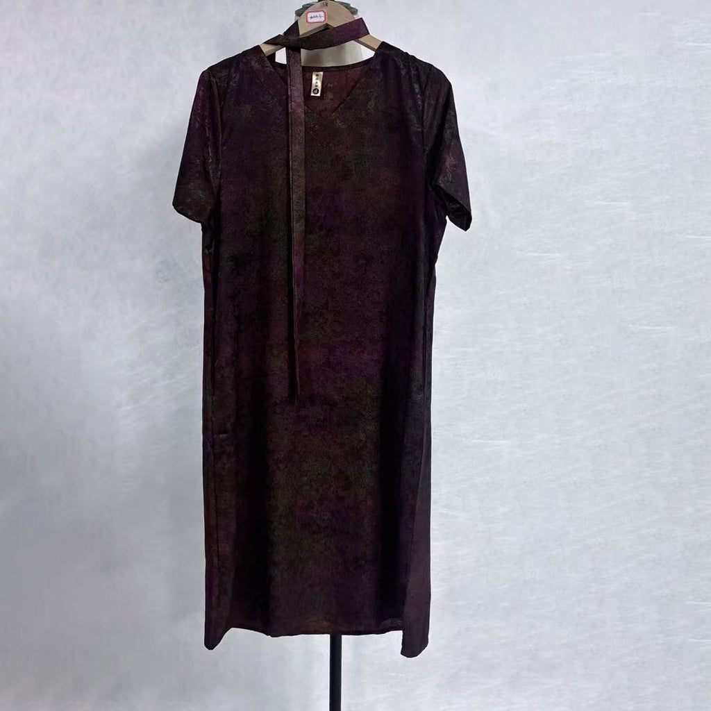 New Chinese-style Dark Purple Jacquard Dress V-Neck Ribbon Straight Midi Dress