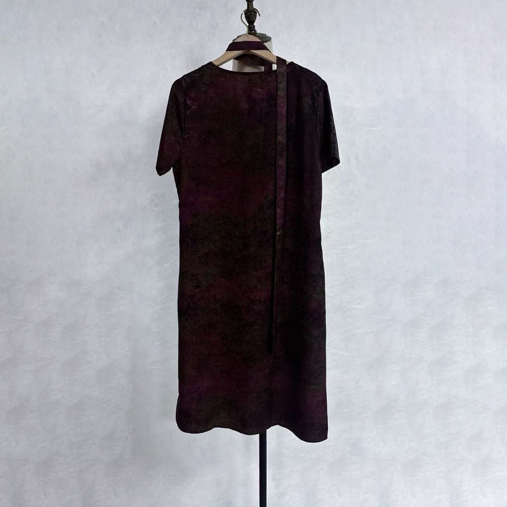 New Chinese-style Dark Purple Jacquard Dress V-Neck Ribbon Straight Midi Dress