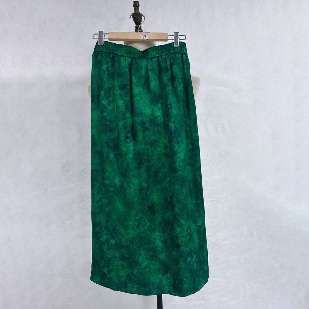 New Chinese-style Green Tie-Dye Skirt Elastic Waist Flowy Midi Skirt
