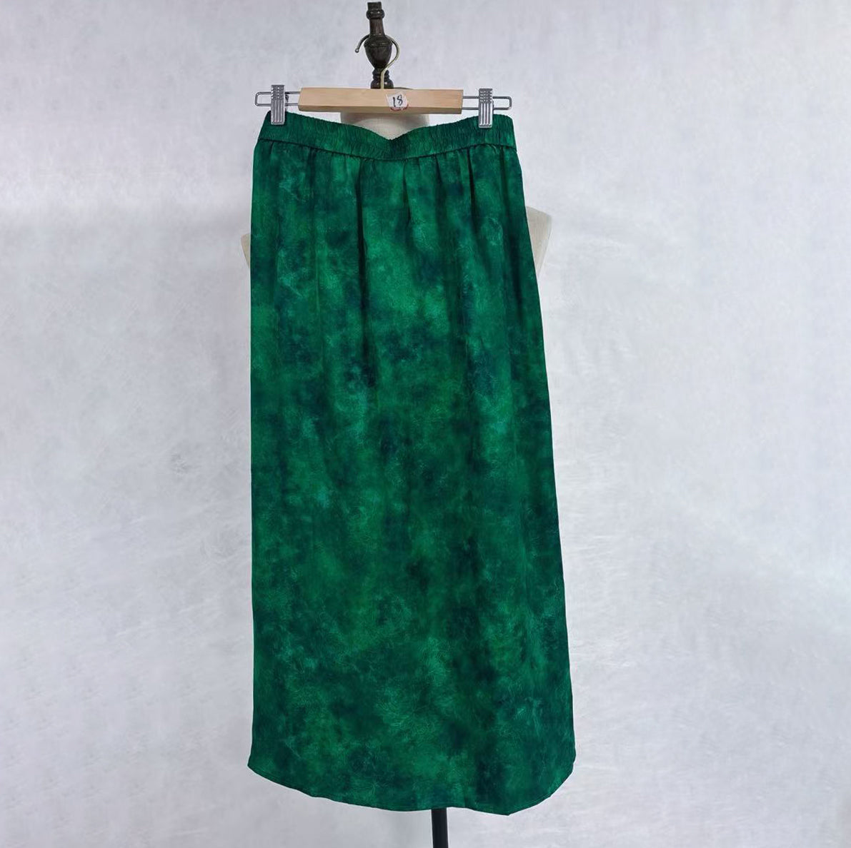 New Chinese-style Green Tie-Dye Skirt Elastic Waist Flowy Midi Skirt