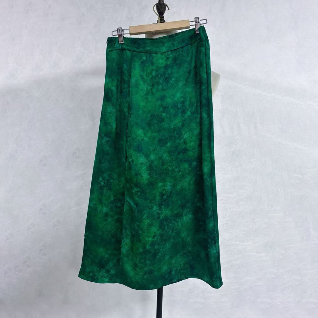 New Chinese-style Green Tie-Dye Skirt Elastic Waist Flowy Midi Skirt
