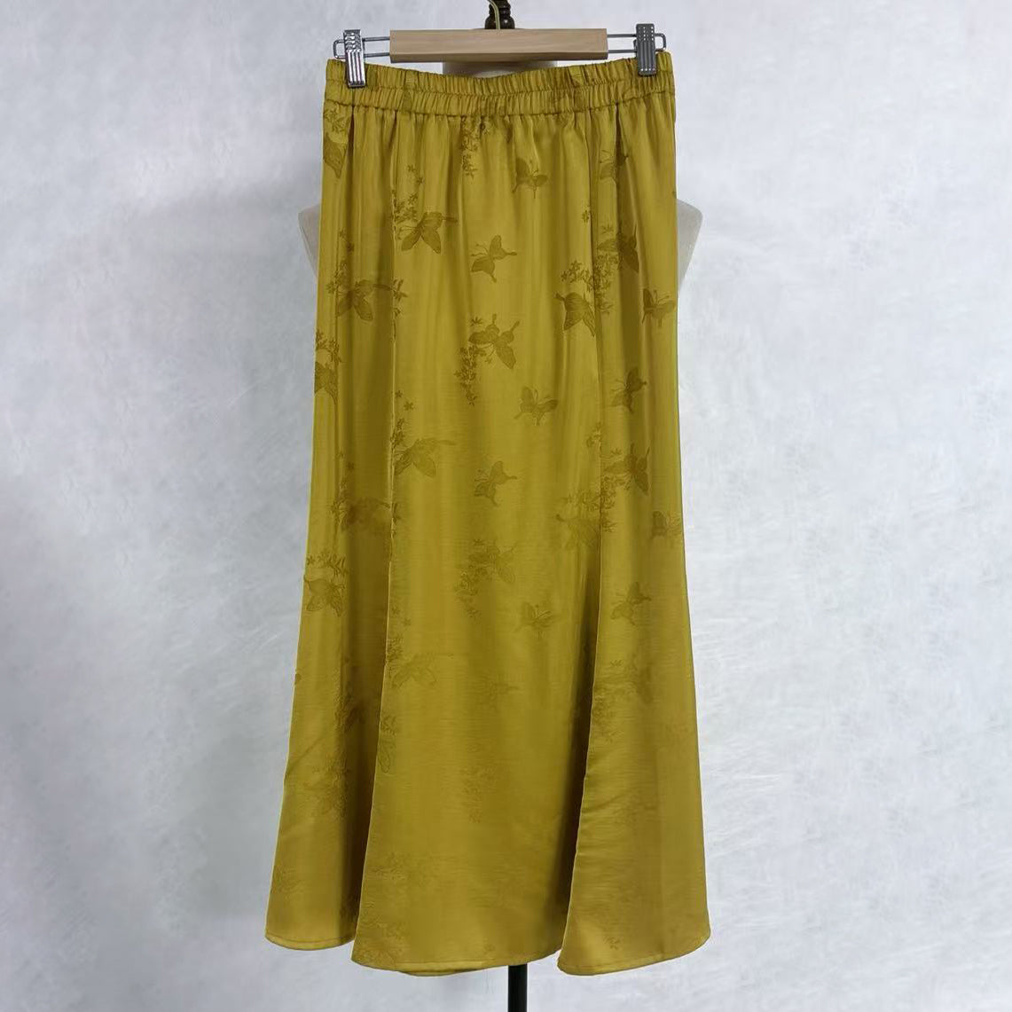 New Chinese-Style Butterfly Jacquard Satin Skirt Elastic Waist A-Line Midi Skirt