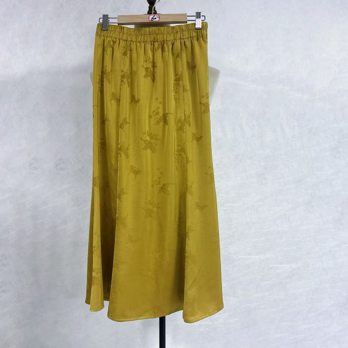 New Chinese-Style Butterfly Jacquard Satin Skirt Elastic Waist A-Line Midi Skirt