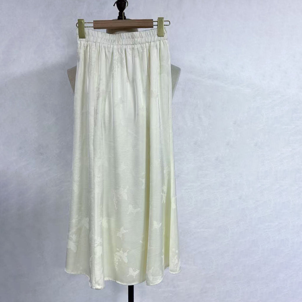New Chinese-Style Butterfly Jacquard Satin Skirt Elastic Waist A-Line Midi Skirt